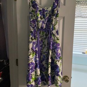 White and floral print tea length sleeveless dress